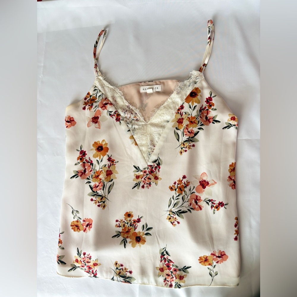 Socialite Size Small Cream and Floral Thin Strap Camisole Adjustable Strap
